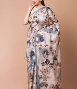 Indiloom Cream Digital Print Semi Tussar Saree With Blouse Piece