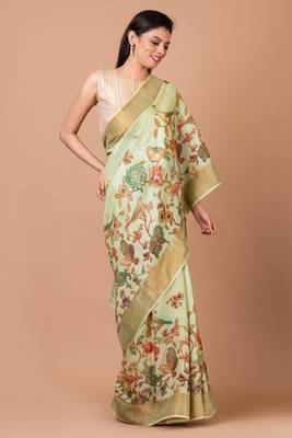 Indiloom Lime Green Digital Print Tussar Zari Saree With Blouse Print 1