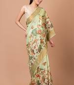 Indiloom Lime Green Digital Print Tussar Zari Saree With Blouse Print