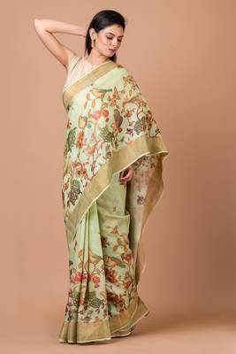 Indiloom Lime Green Digital Print Tussar Zari Saree With Blouse Print 2