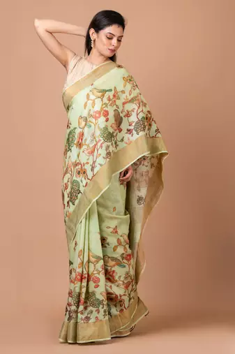 Indiloom Lime Green Digital Print Tussar Zari Saree With Blouse Print