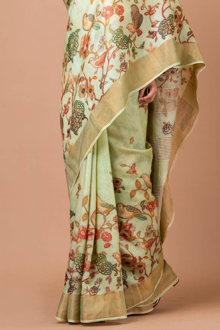 Indiloom Lime Green Digital Print Tussar Zari Saree With Blouse Print