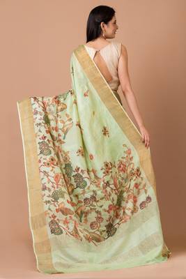 Indiloom Lime Green Digital Print Tussar Zari Saree With Blouse Print 4