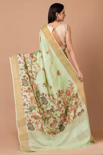 Indiloom Lime Green Digital Print Tussar Zari Saree With Blouse Print