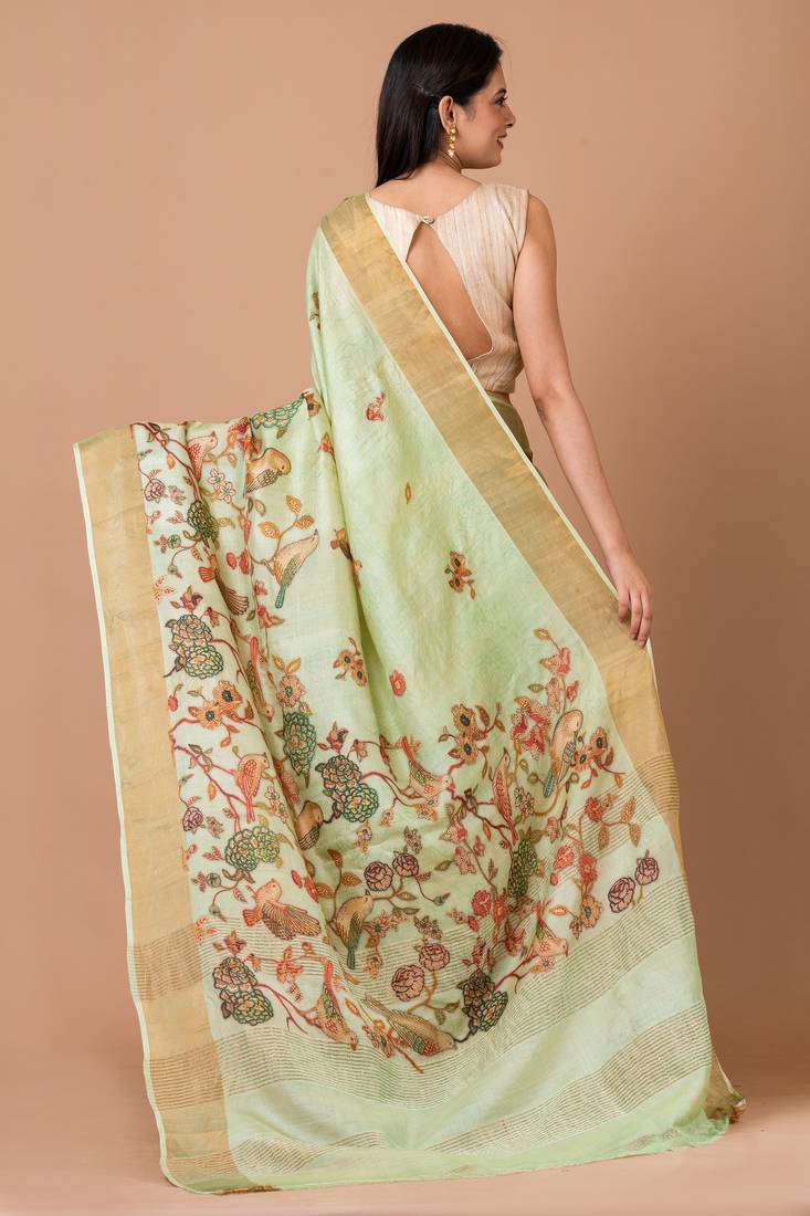 Indiloom Lime Green Digital Print Tussar Zari Saree With Blouse Print