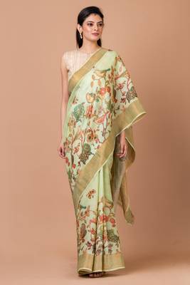 Indiloom Lime Green Digital Print Tussar Zari Saree With Blouse Print 5