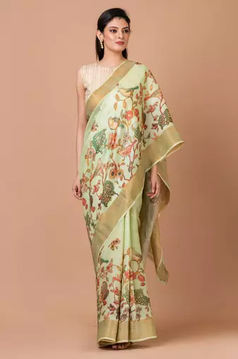 Indiloom Lime Green Digital Print Tussar Zari Saree With Blouse Print