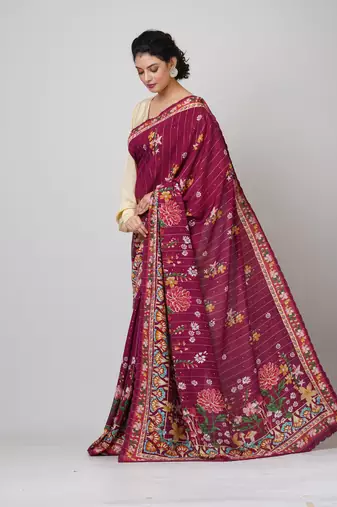 Indiloom Maroon Digital Print Woven Sequence Crepe Saree With Blouse Piece