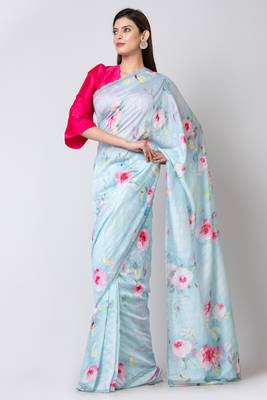 Indiloom Sky Blue Digital Print Woven Sequence Crepe Saree With Blouse Piece 1