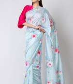 Indiloom Sky Blue Digital Print Woven Sequence Crepe Saree With Blouse Piece