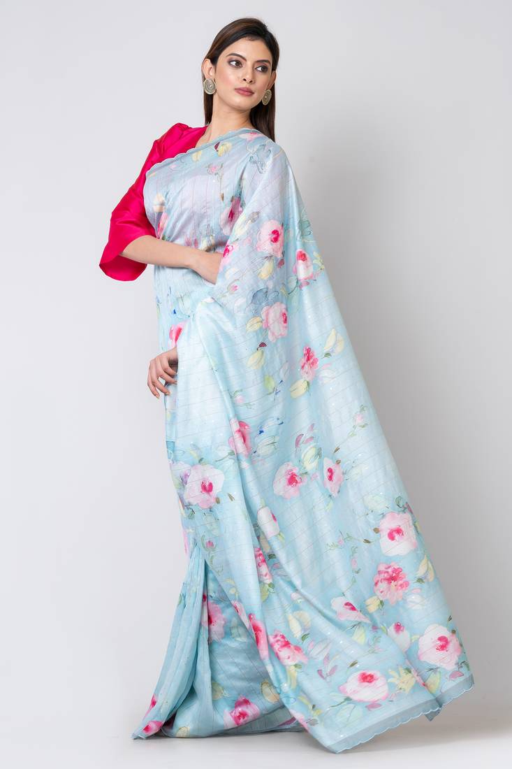 Indiloom Sky Blue Digital Print Woven Sequence Crepe Saree With Blouse Piece