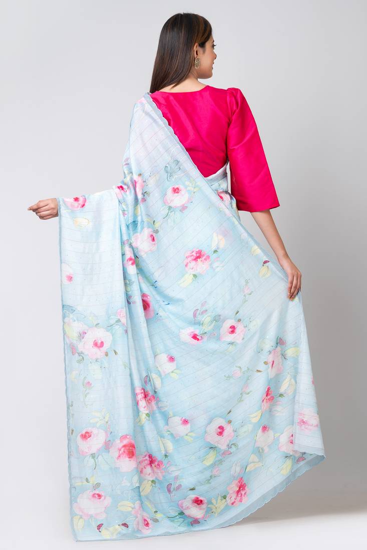 Indiloom Sky Blue Digital Print Woven Sequence Crepe Saree With Blouse Piece