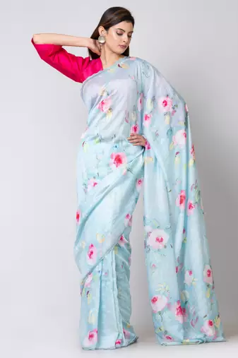 Indiloom Sky Blue Digital Print Woven Sequence Crepe Saree With Blouse Piece