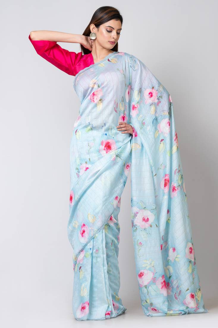 Indiloom Sky Blue Digital Print Woven Sequence Crepe Saree With Blouse Piece