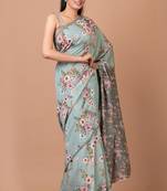 Indiloom Grey Digital Print Woven Sequence Crepe Saree With Blouse Piece