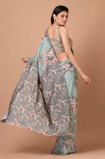Indiloom Grey Digital Print Woven Sequence Crepe Saree With Blouse Piece