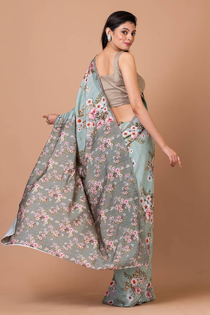 Indiloom Grey Digital Print Woven Sequence Crepe Saree With Blouse Piece