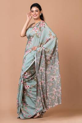 Indiloom Grey Digital Print Woven Sequence Crepe Saree With Blouse Piece 3