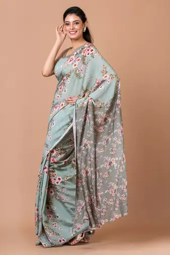 Indiloom Grey Digital Print Woven Sequence Crepe Saree With Blouse Piece