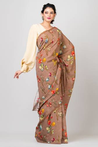 Indiloom Brown Digital Print Woven Sequence Crepe Saree With Blouse Piece