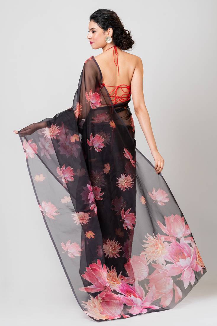 Indiloom Black Handmachine Zari Peta WorkDigital Print Oraganza Saree With Blouse Piece