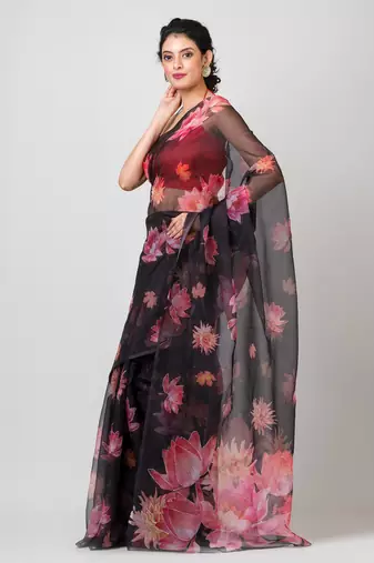 Indiloom Black Handmachine Zari Peta WorkDigital Print Oraganza Saree With Blouse Piece