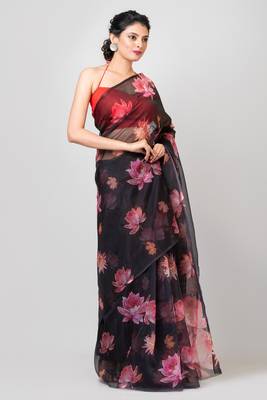 Indiloom Black Handmachine Zari Peta WorkDigital Print Oraganza Saree With Blouse Piece 1