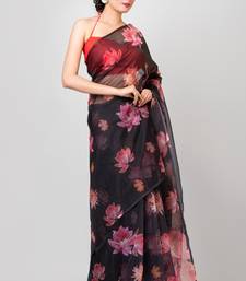 Indiloom Black Handmachine Zari Peta WorkDigital Print Oraganza Saree With Blouse Piece
