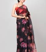 Indiloom Black Handmachine Zari Peta WorkDigital Print Oraganza Saree With Blouse Piece