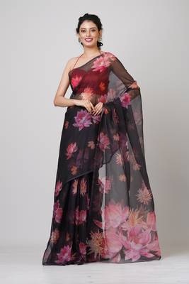Indiloom Black Handmachine Zari Peta WorkDigital Print Oraganza Saree With Blouse Piece 5