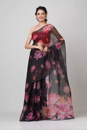 Indiloom Black Handmachine Zari Peta WorkDigital Print Oraganza Saree With Blouse Piece