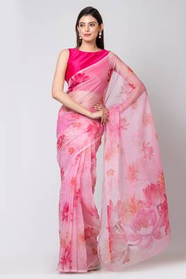 Indiloom White Big lotus flower placement designDigital Print Organza Saree With Blouse Piece 1