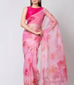 Indiloom White Big lotus flower placement designDigital Print Organza Saree With Blouse Piece