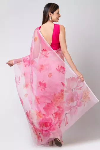 Indiloom White Big lotus flower placement designDigital Print Organza Saree With Blouse Piece