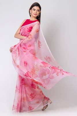 Indiloom White Big lotus flower placement designDigital Print Organza Saree With Blouse Piece 3