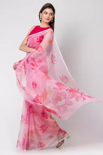 Indiloom White Big lotus flower placement designDigital Print Organza Saree With Blouse Piece