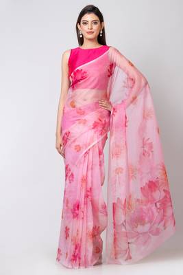 Indiloom White Big lotus flower placement designDigital Print Organza Saree With Blouse Piece 4