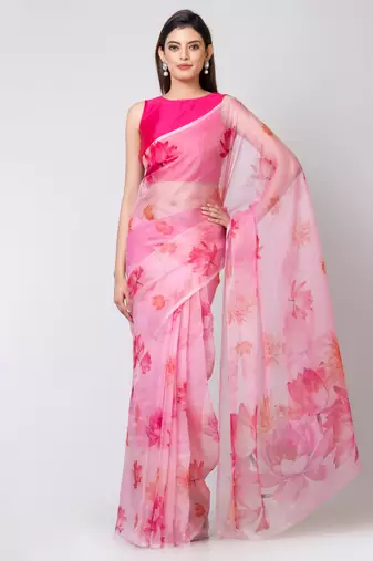 Indiloom White Big lotus flower placement designDigital Print Organza Saree With Blouse Piece
