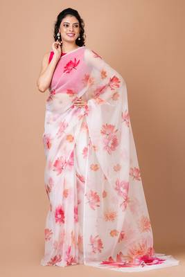 Indiloom White Digital Print Organza Saree With Blouse Piece 1