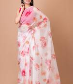 Indiloom White Digital Print Organza Saree With Blouse Piece