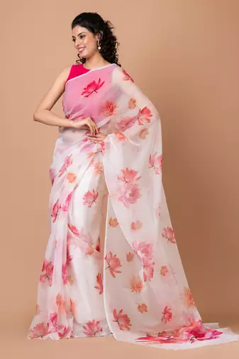 Indiloom White Digital Print Organza Saree With Blouse Piece