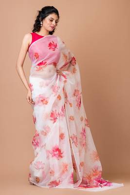 Indiloom White Digital Print Organza Saree With Blouse Piece 3