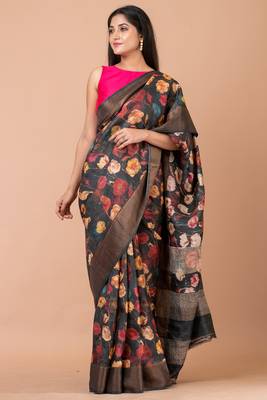Indiloom Slate Black Digital Print Tussar Zari Saree With Blouse Print 1
