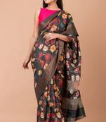 Indiloom Slate Black Digital Print Tussar Zari Saree With Blouse Print