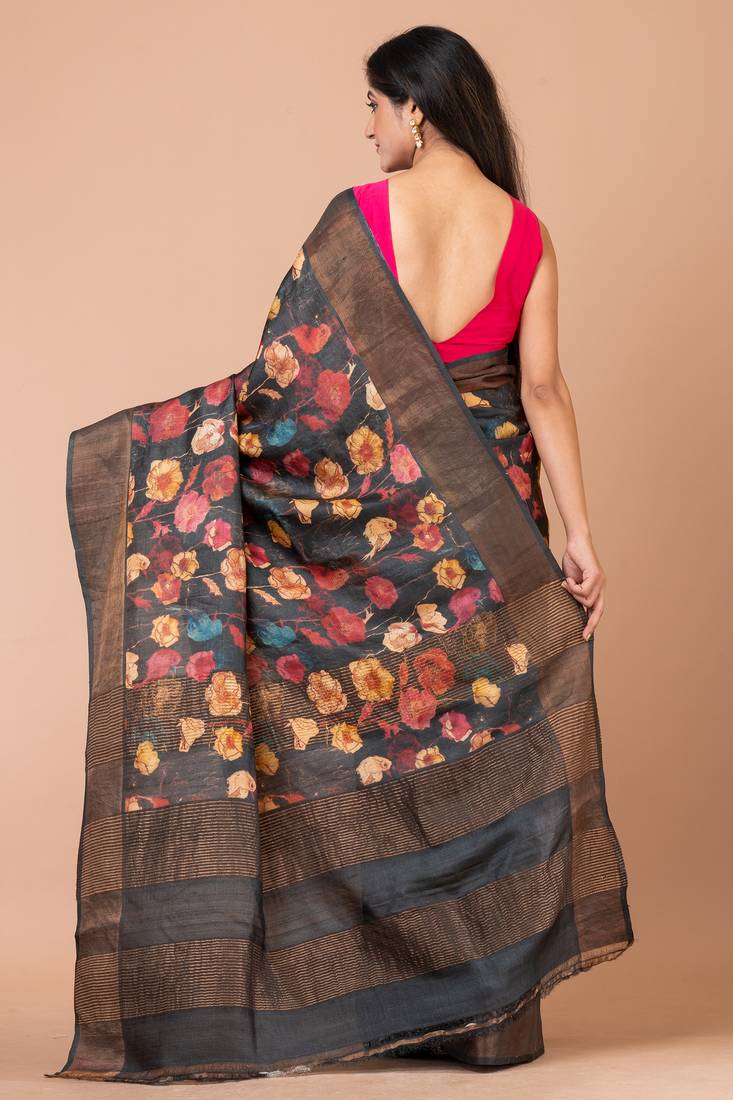 Indiloom Slate Black Digital Print Tussar Zari Saree With Blouse Print