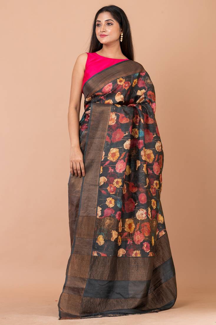 Indiloom Slate Black Digital Print Tussar Zari Saree With Blouse Print