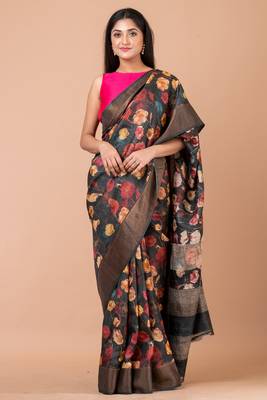 Indiloom Slate Black Digital Print Tussar Zari Saree With Blouse Print 4