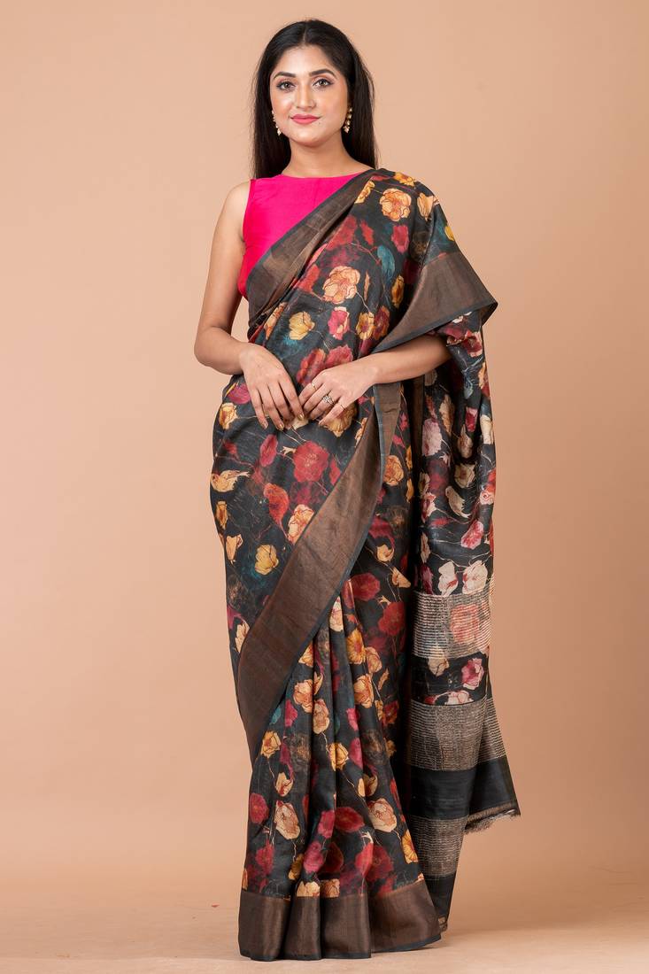 Indiloom Slate Black Digital Print Tussar Zari Saree With Blouse Print