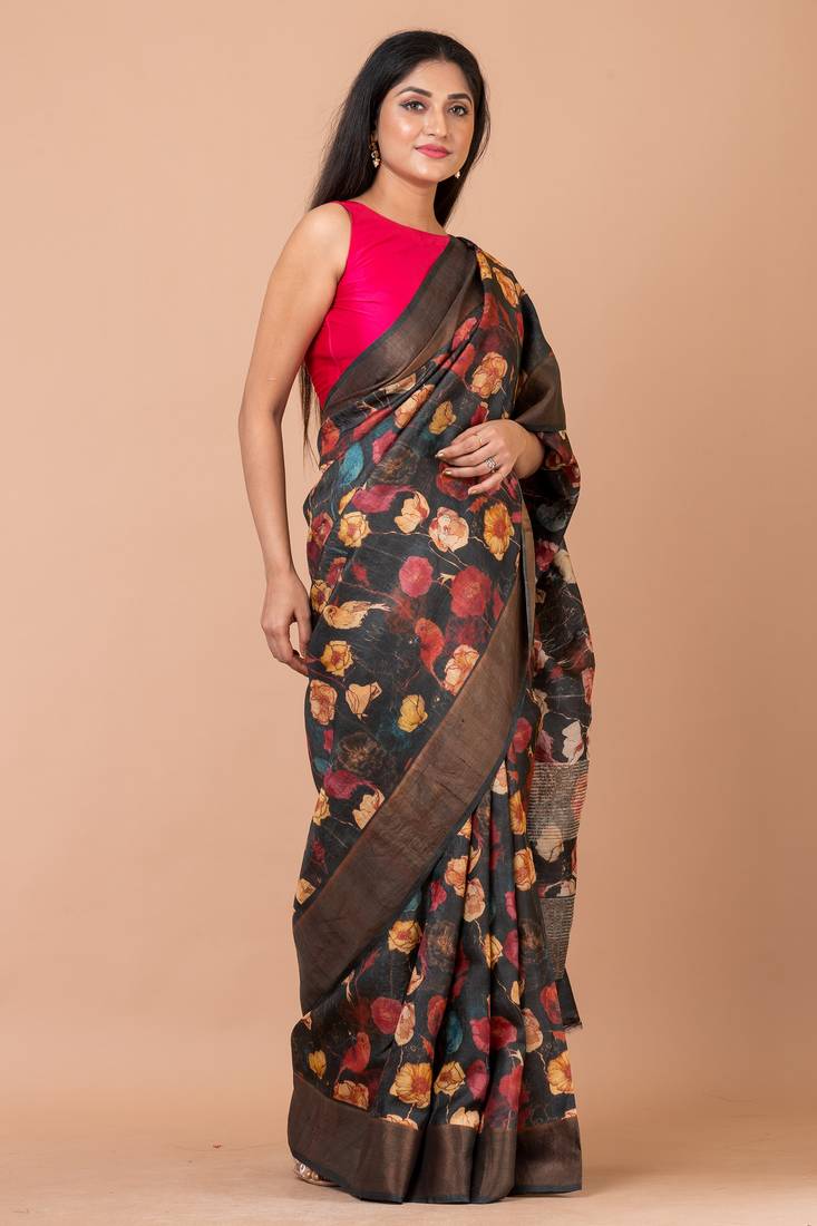 Indiloom Slate Black Digital Print Tussar Zari Saree With Blouse Print