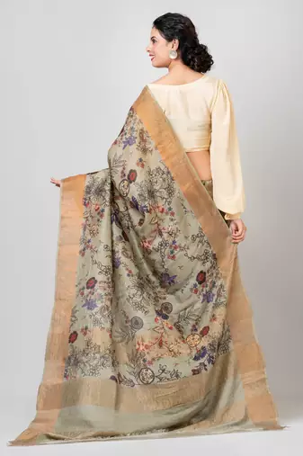 Indiloom Grey Digital Print Tussar Zari Saree With Blouse Print